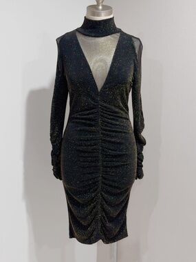 Venus Women's Shimmer Black /Gold Long Sleeve Ruched Party Cocktail Dress Size M